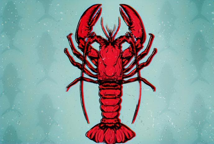 A red lobster on a green background with fish super-imposed.