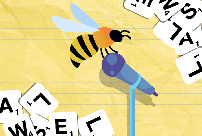 Cartoon bee perched on a blue microphone stand against a yellow lined paper background