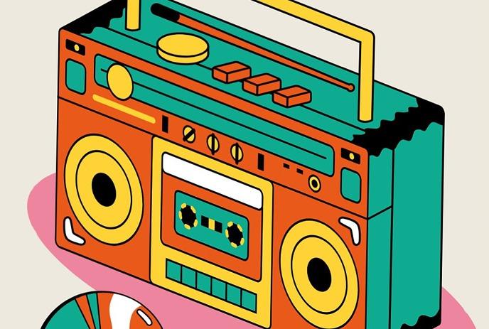 A colorful illustration of a retro boombox with a cassette tape and a CD, accompanied by three stars on the right side.