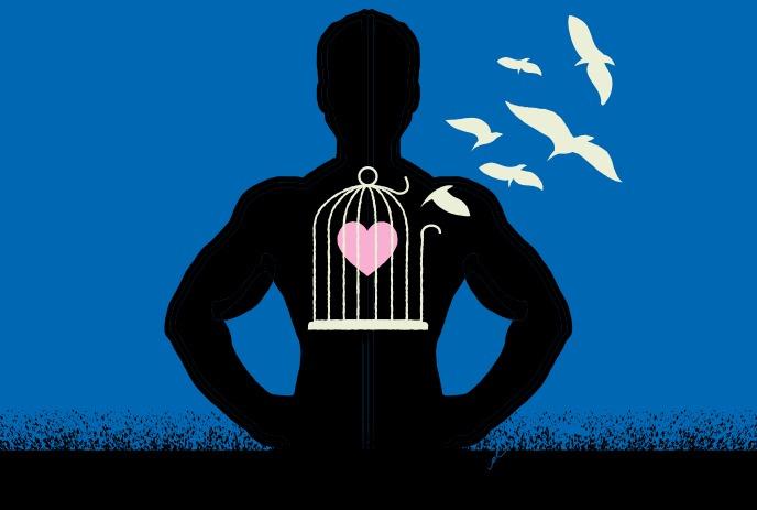 Silhouette of a person with a caged heart, birds flying away. The image symbolizes freedom and emotional release.