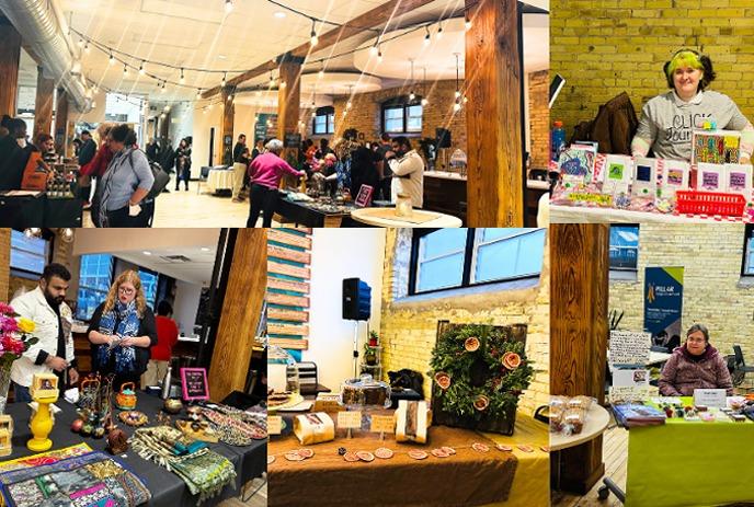 A bustling indoor market event with vendor stalls, people browsing, and diverse products on display.