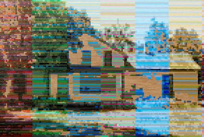 A pixelated house with trees in vertical color bands, creating an abstract, visually striking effect.