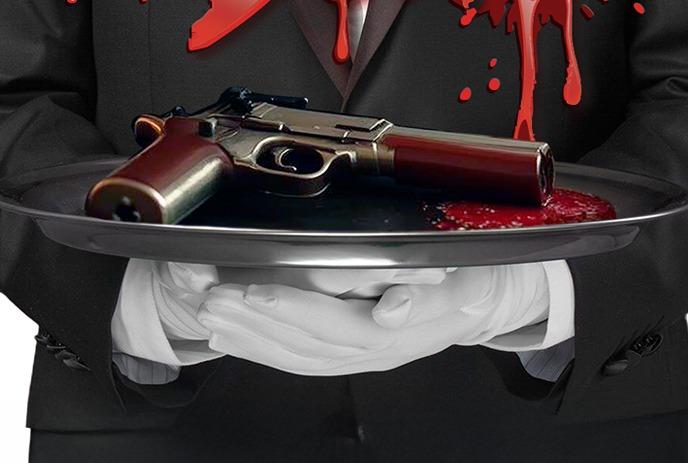 A server wearing a black suite and white gloves with a food tray, a gun and splashes of blood.