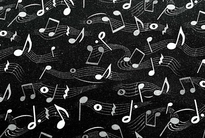 Musical notes on a black background.