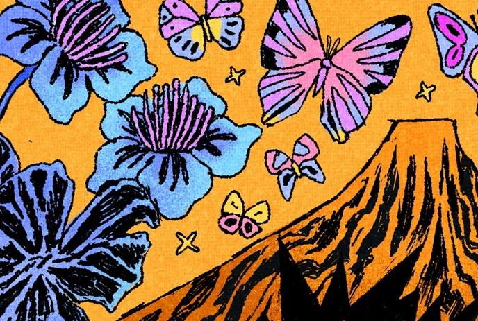 Colorful illustration of flowers, butterflies, and a volcano on a yellow background, capturing nature’s beauty and power.