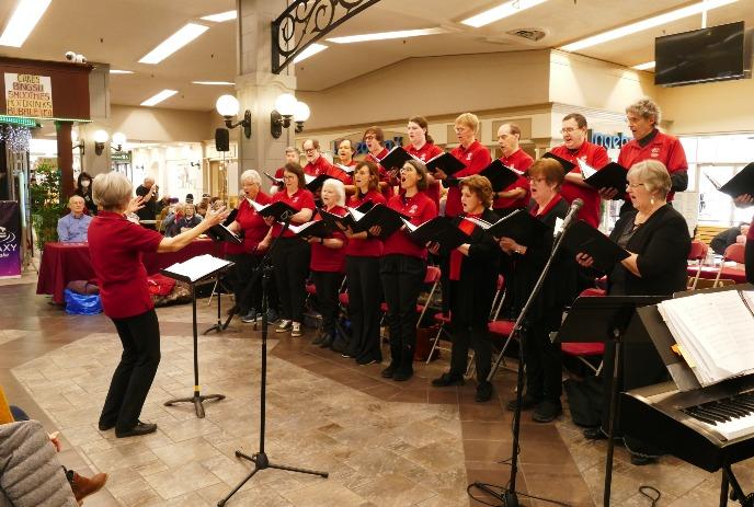 A choir group is performing indoors. Choir members hold black folders and wear red tops.