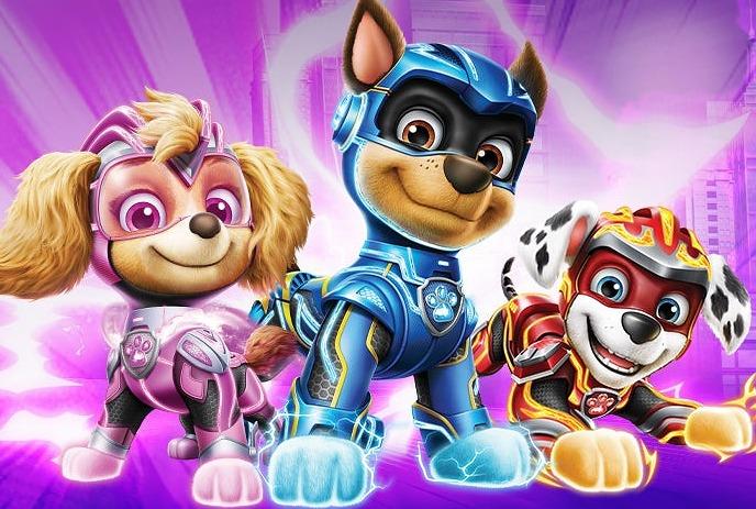 3 characters from PAW Patrol, posing wearing superhero costumes.