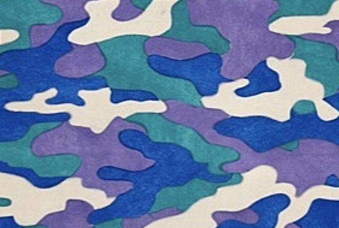 A framed abstract artwork by Laszlo Szabo featuring a camouflage-like pattern in shades of blue, purple, teal, and white.