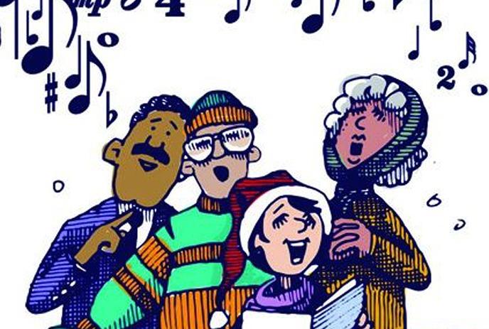 An illustrated group of four people joyfully singing, wearing winter clothes, with musical notes floating above them.