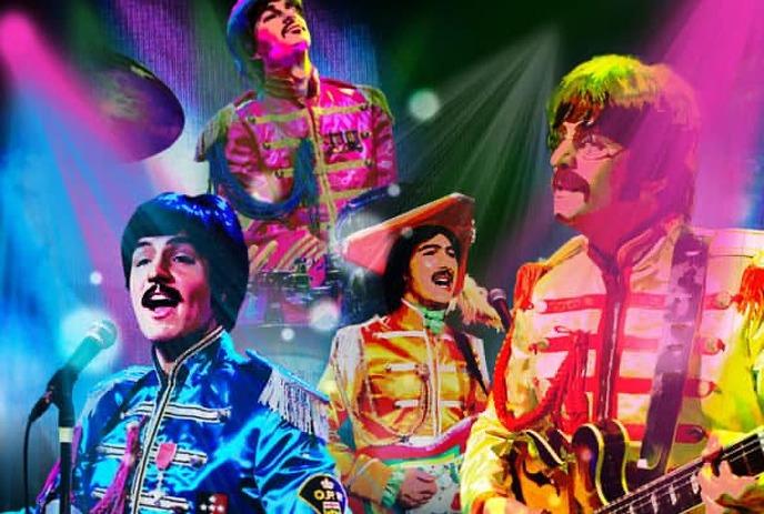 A montage of members of the Beatles tribute band Rain, with colourful lighting.