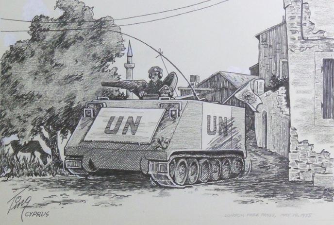 A detailed sketch of a UN armored vehicle in a Cypriot village