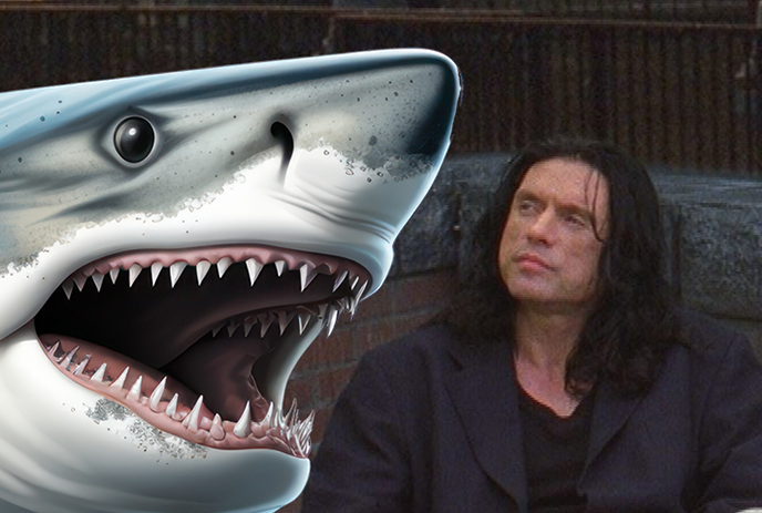 A shark with an open mouth appears to be photobombing a person with looking at his right wearing a suite and long hairs.