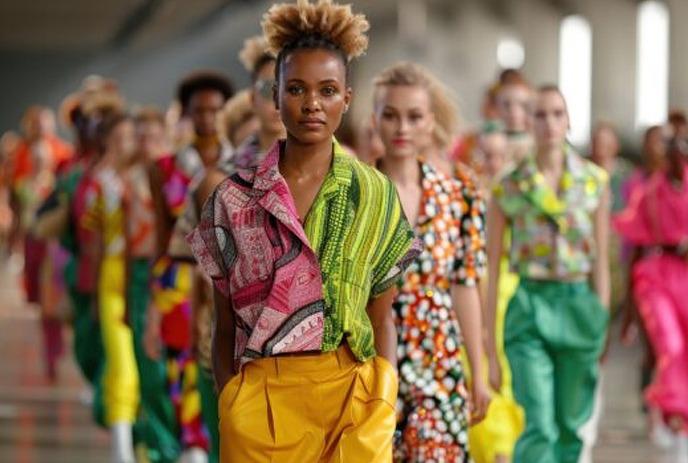 A brightly lit fashion runway with an audience seated on both sides, eagerly awaiting the start of a fashion show.