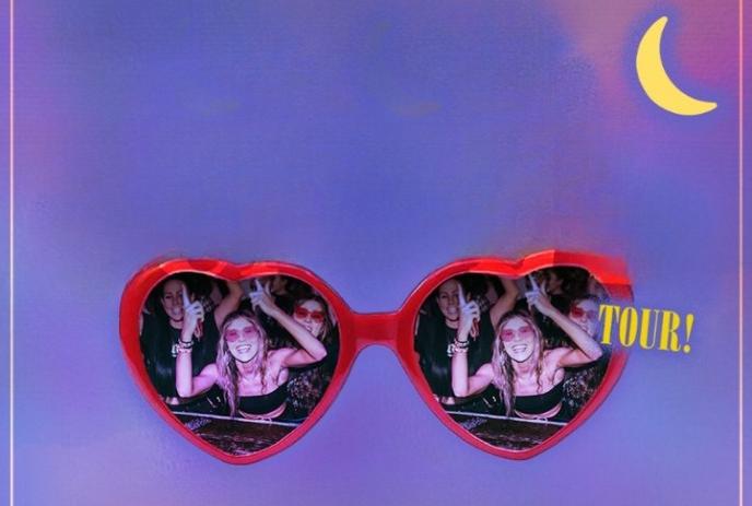 A pair of sunglasses with the text ‘C TOUR!’ visible. with a half-moon and purple background!