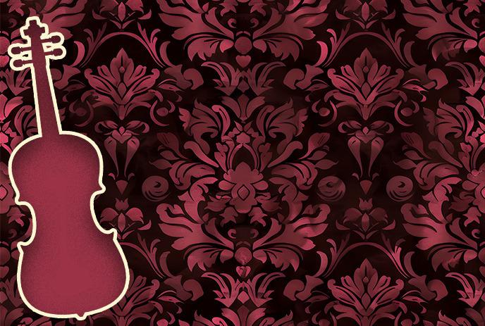 a maroon violin silhouette against an intricate, dark floral pattern, evoking a Baroque style.