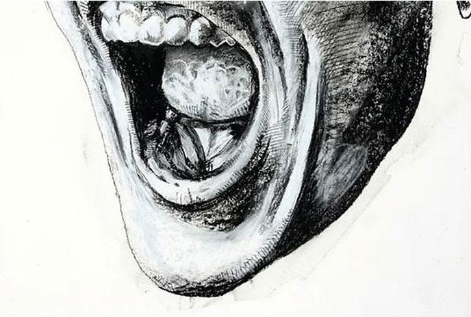 A detailed black and white sketch the bottom half of a mans face, screaming.