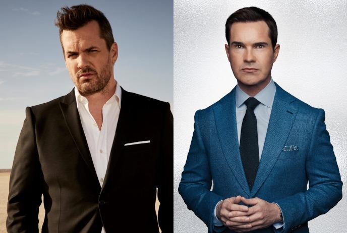 Separate photos of Jim Jefferies and Jimmy Carr, both wearing suites.