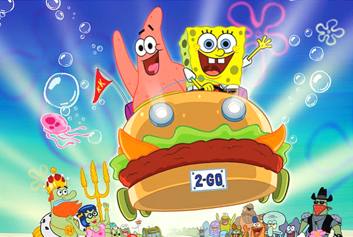 An underwater scene from the animated series ‘SpongeBob SquarePants’: SpongeBob and Patrick ride a burger-shaped vehicle.