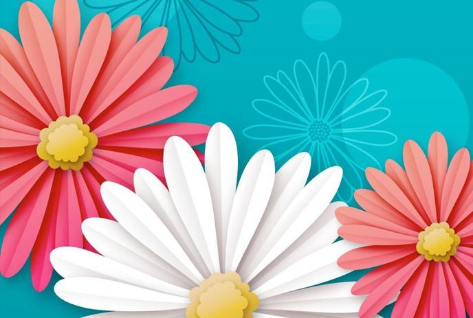 Three colorful flowers with layered petals against a turquoise background.