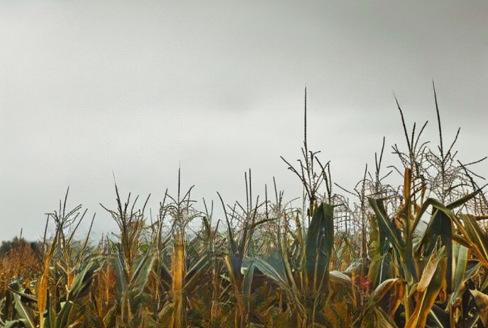 Cornfield under an overcast sky, with mature stalks ready for harvest in a field.