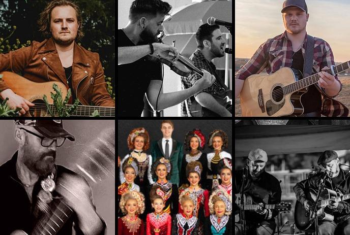 Collage of five black-and-white images featuring musicians, dancers, and performers in Irish-themed attire.