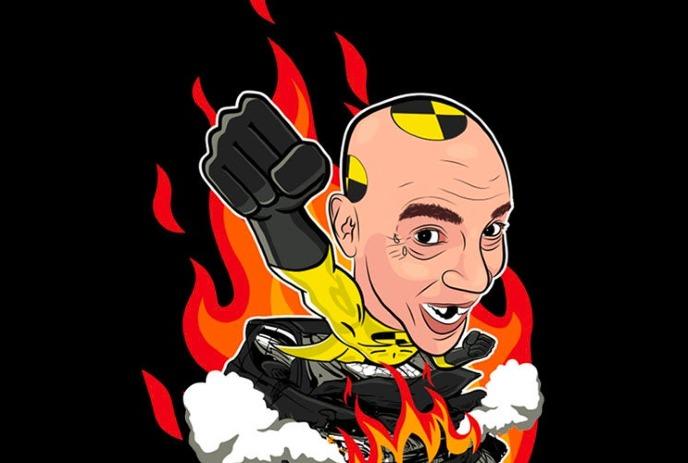 Cartoon illustration of Steve-O, depicted with a crash test dummy theme, a fiery background, and a fist raised in the air.