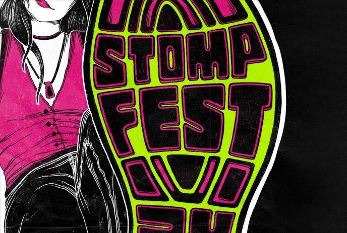 Neon green and pink stylized footprint with ‘STOMP FEST’ text on a black background, partial view of a person on left.”