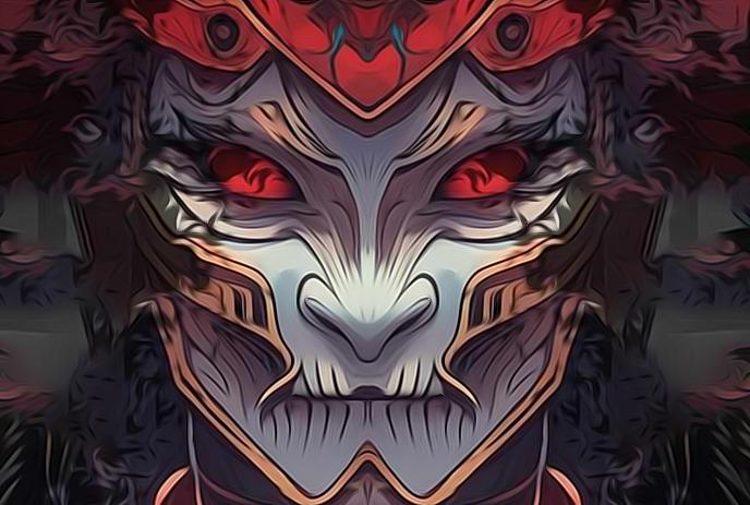 A menacing warrior in red armour and a demonic mask with glowing red eyes, featuring horns and intricate details.