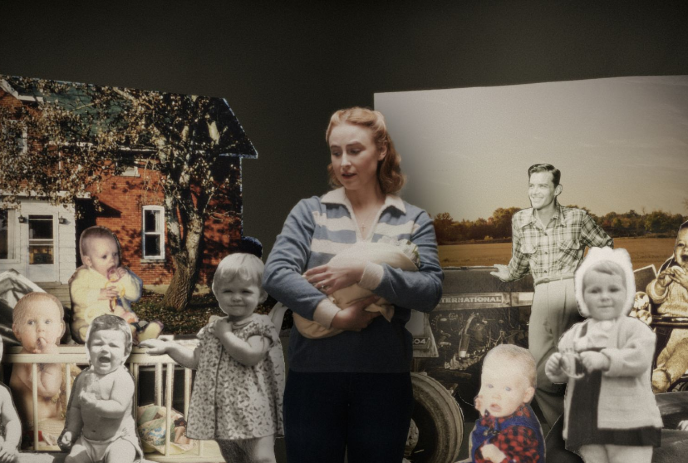 Montage of photos of children of various ages and a house in the background.