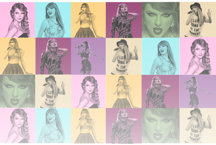 A colourful collage of images of Taylor Swift.