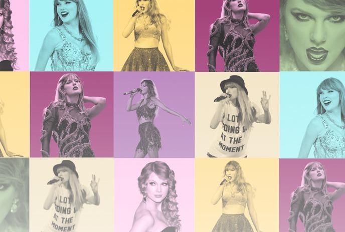 A colourful collage of images of Taylor Swift.