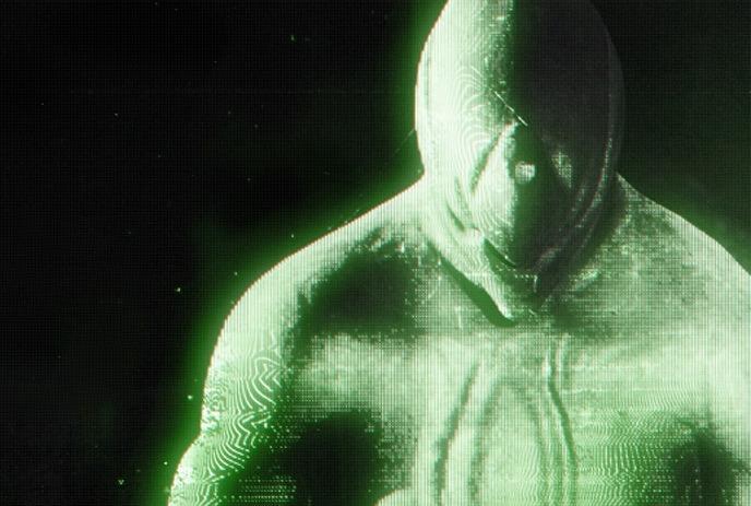 A digital, green-tinted humanoid figure composed of computer-generated lines and patterns entity against a dark background.