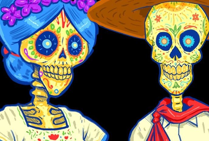 Illustration of skulls wearing colorful costumes with a black background.
