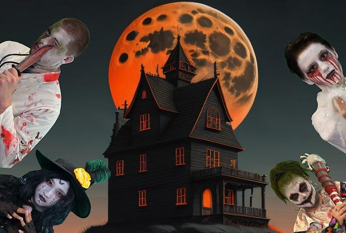 A haunted house with a blood-red moon in the background, surrounded by eerie figures including a man with bloody bandages.