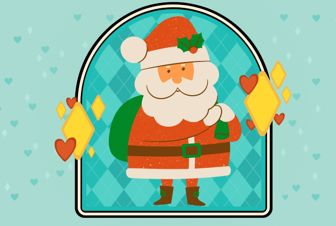 Santa Claus inside an oval globe with a blue banner below, surrounded by hearts and festive decorations.