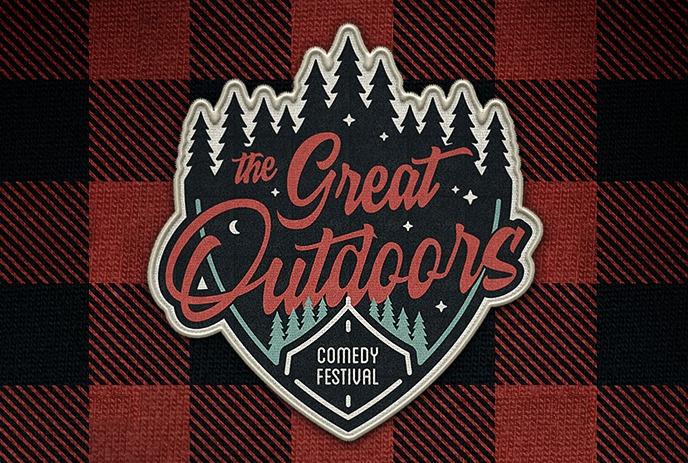 Logo of the The Great Outdoors Comedy Festival on a plaid background.