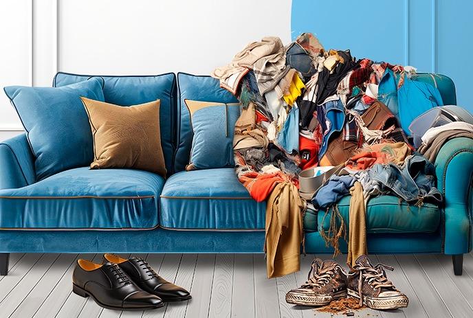 A blue sofa piled with clothes, shoes on the floor, against a blue wall. The scene suggests clutter and disorganization.