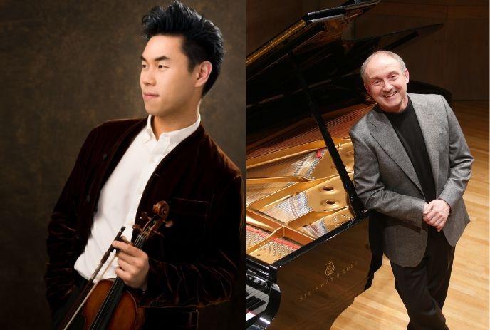 Timothy Chooi holding a violin, and Arthur Rowe standing next to a piano.
