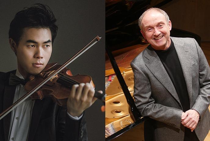 Timothy Chooi holding a violin, and Arthur Rowe standing next to a piano.