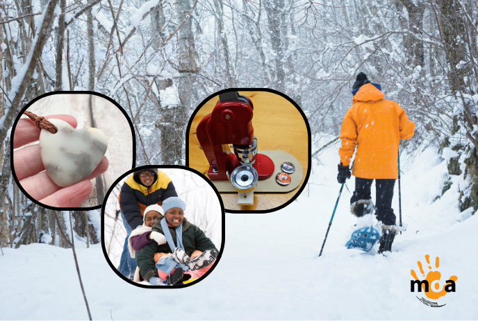 Person snowshoeing in snowy forest with four insets: heart pendant, red button machine, two people.