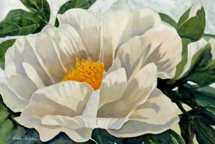 White peony bloom with green leaves; delicate, layered petals surround a vivid yellow center in a close-up view.