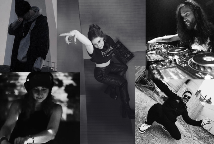 A black and white montage featuring contemplative faces, dramatic poses, a DJ, a dancer, and a laid-back individual.