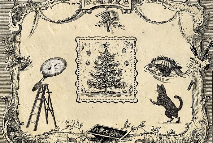 An ornate vintage frame, featuring a Christmas tree in the center, a magnifying glass on the left, and an eye on the right.