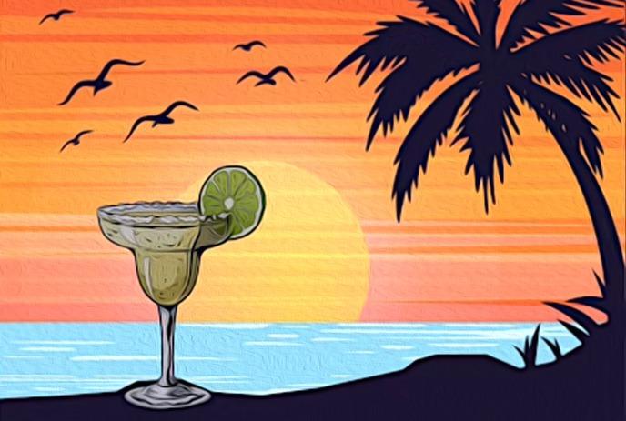 A large margarita in front of a beach with palm trees at sunset.