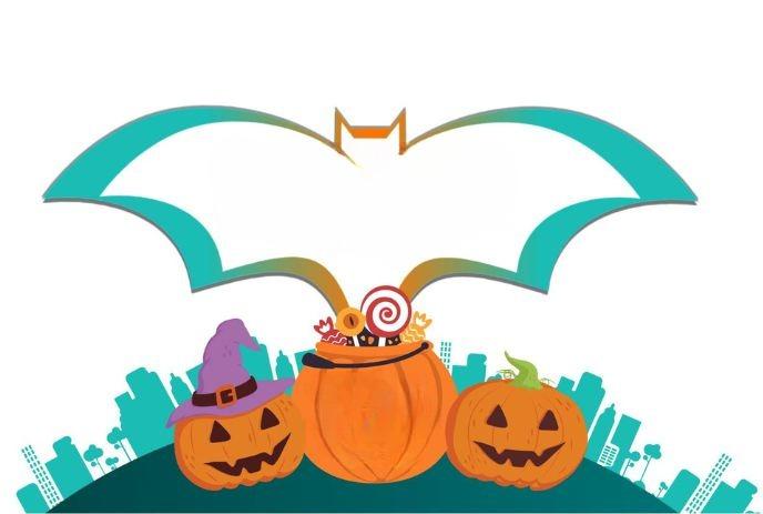 A vector art of 3 Halloween pumpkins and a bat with a scenery of buildings on the side under a white background.