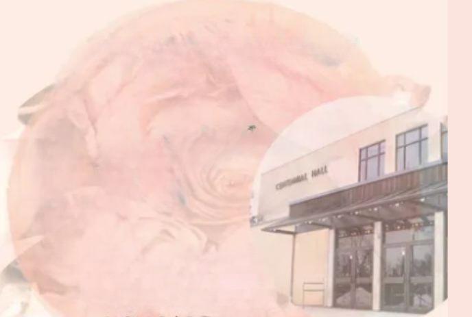 A composite image with a soft pink overlay. On the right side, there is a building with the sign ‘Centennial Hall.’