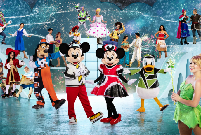 Numerous Disney characters on ice skates, behind Tinkerbell, Mickey, Minnie and Donald.