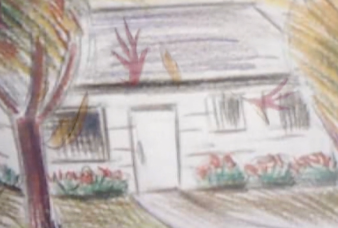 Pencil crayon sketch of a house with leaves falling around it.