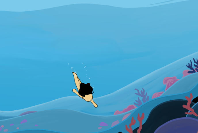 Animated image of a person swimming to the bottom of the ocean.