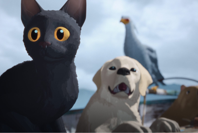 Animated image of a black cat, a dog, a seagull and a capybara.